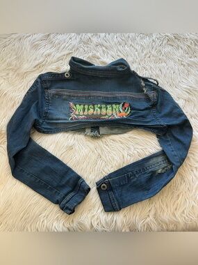 Vintage 90s Y2K Miskeen Denim Cropped Jacket Embroidered Mushrooms Women’s L